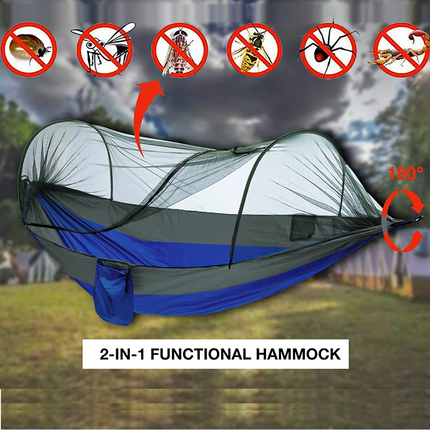 Double Camping Hammock with Mosquito Netting Pop-up Portable Hammock Ultralight Nylon Parachute Hammocks with Tree Straps