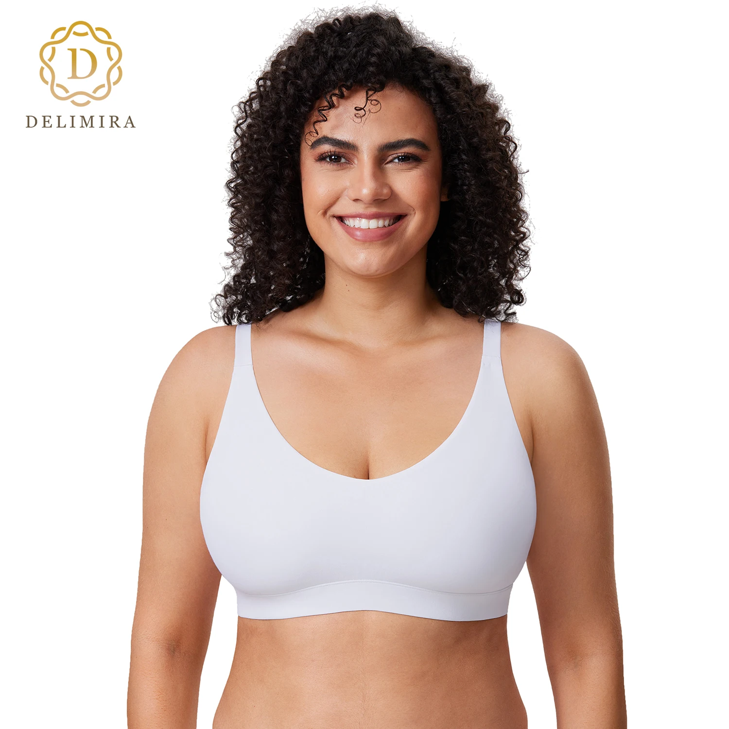 DELIMIRA Women\'s Cozzifree Plus Size Wireless Bralette V Neck Full Coverage Seamless Tshirt Bras Unlined Comfort Bra