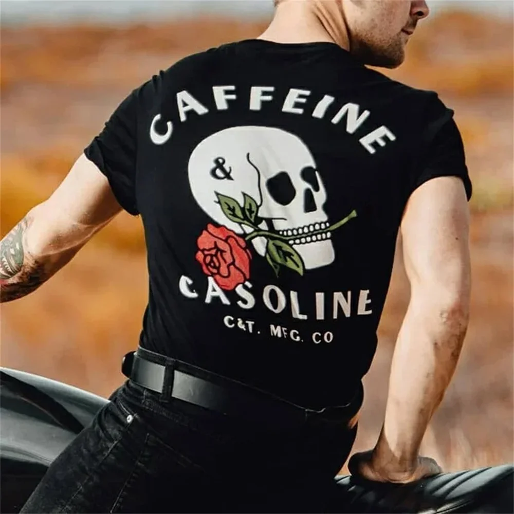 Harajuku Gothic Skulls Men\'s T-shirt Motorcycle Biker Short Sleeve Tops Tees Cotton T Shirts Men Summer Hip-hop Punk Clothin