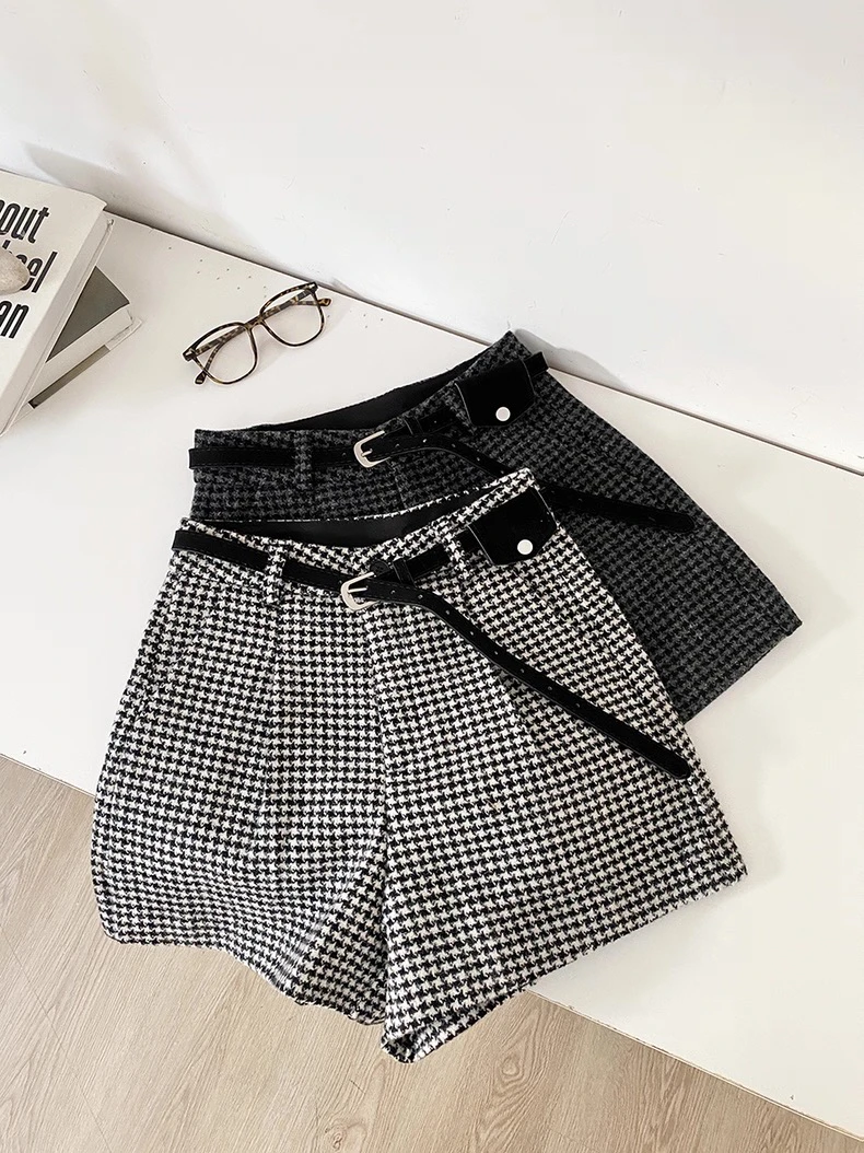 

Женские осенне-зимние широкие шорты с узором «гусиные лапки», женские шерстяные шорты с высокой талией, трапециевидные клетчатые шорты