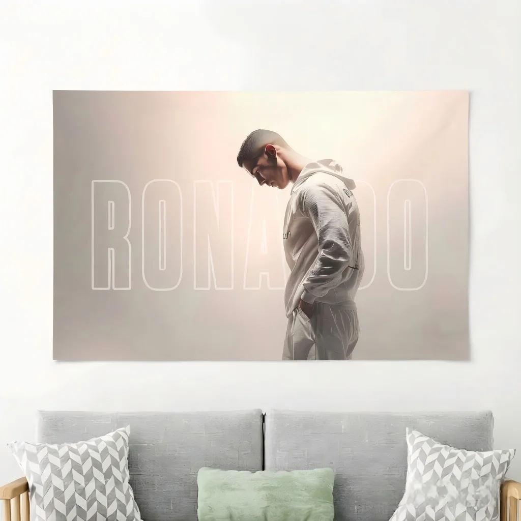 Ronaldo Tapestry Minimalist Beige Portrait Wall Hanging Dorm Bedroom Gym Background Soccer Fan Merch Sports Wall Decor