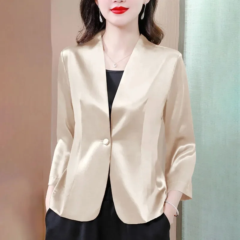 Chaqueta de traje para mujer, camisa con cuello en V, temperamento, traje de seda de superficie de satén, Top corto, Blazer elegante, Primavera,