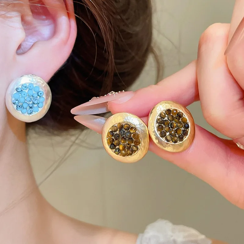 Minar Light Luxury Natural Stone Tiger Eyes Turquoise Round Drape Dangle Earrings for Women 14K Real Gold Silver Plated Copper