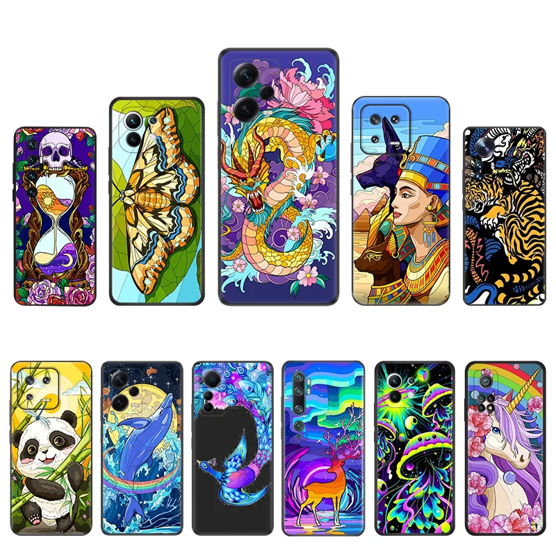 Matte Phone Case for Redmi Note13 Pro 5G 4G Note 12 12c 13c Xiaomi 12X 12T 13 Abstract Hourglass Phoenix Dragon Black Soft Cover