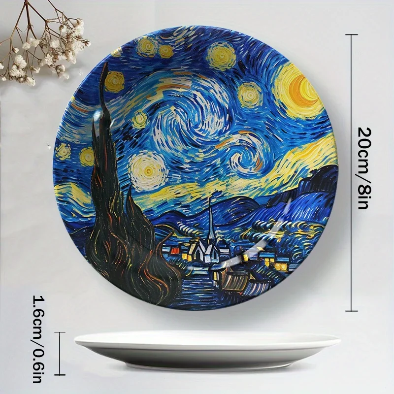 1pc Van Gogh Starry Night Ceramic Decorative Plate - Hand-Painted Vintage Oil Painting Style Round Wall Art, Non-Food Contact