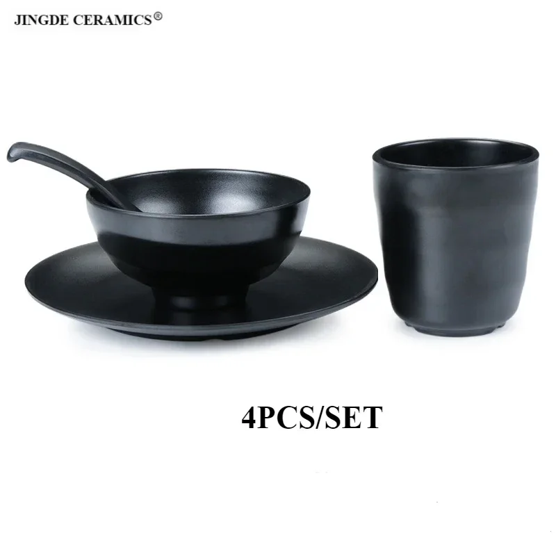 4pcs/set cup*1, bowl*1 , dish*1, spoon*1.Made of food grade melamine material, not easily damaged.Restaurant/household tableware