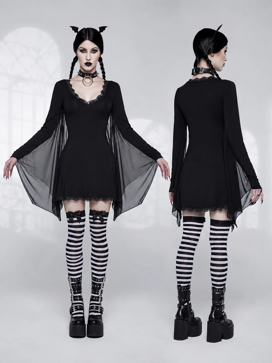 Women Dark Gothic Bat Wing Vampire Dress Lace V Neck Long Sleeve Finger Loop Chiffon Bat Sleeve A Line Mini Dress for Halloween Party Cosplay Carnival Clubwear Night Out，halloween costume, vampire costume, bat wing dress, gothic dress, witch cosplay dress view 3