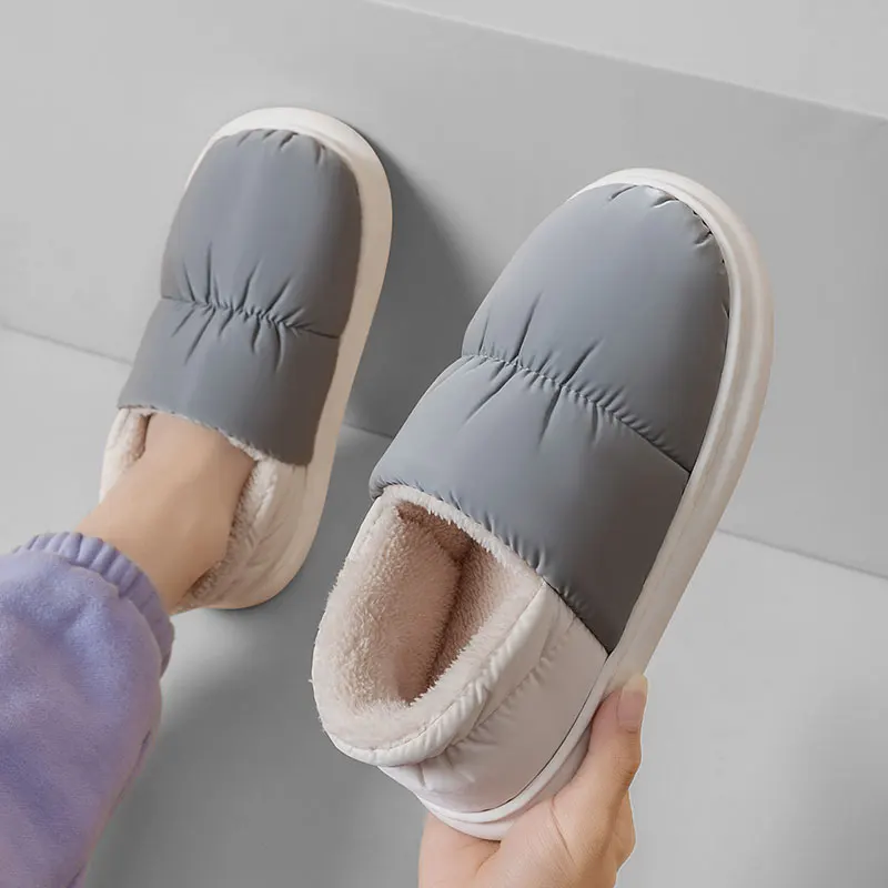 Unisex Winter Warm Slippers Women Men 4cm Thick Sole Cloud Pillow Slides Waterproof Down Indoor Outdoor Fleece Home Shoes Mule image 5