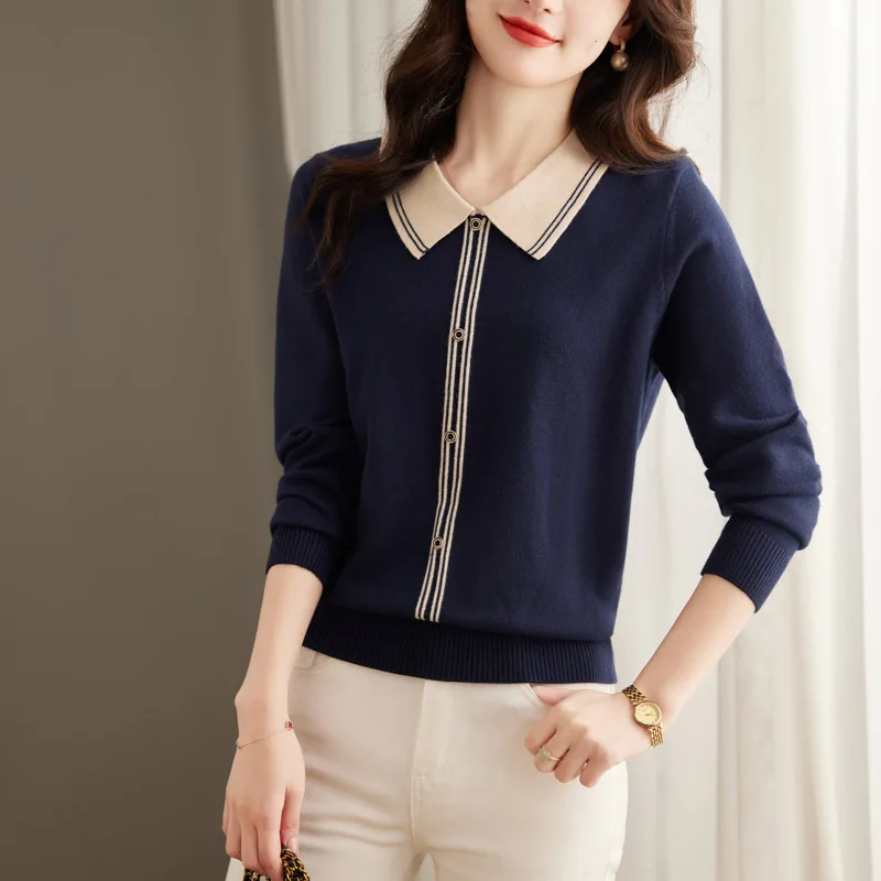 Women Clothing Simple Solid Sweet Knitted Tops Spring Daily Casual Fashion All-match Pullovers Turn-down Collar Sweaters