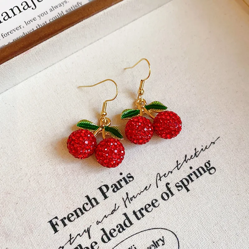 لطيف الكرز الأقراط استرخى للنساء الأحمر حجر الراين كريستال الأقراط الحلو الفاكهة الفتيات القرط الصيف الشاطئ الأزياء والمجوهرات #3