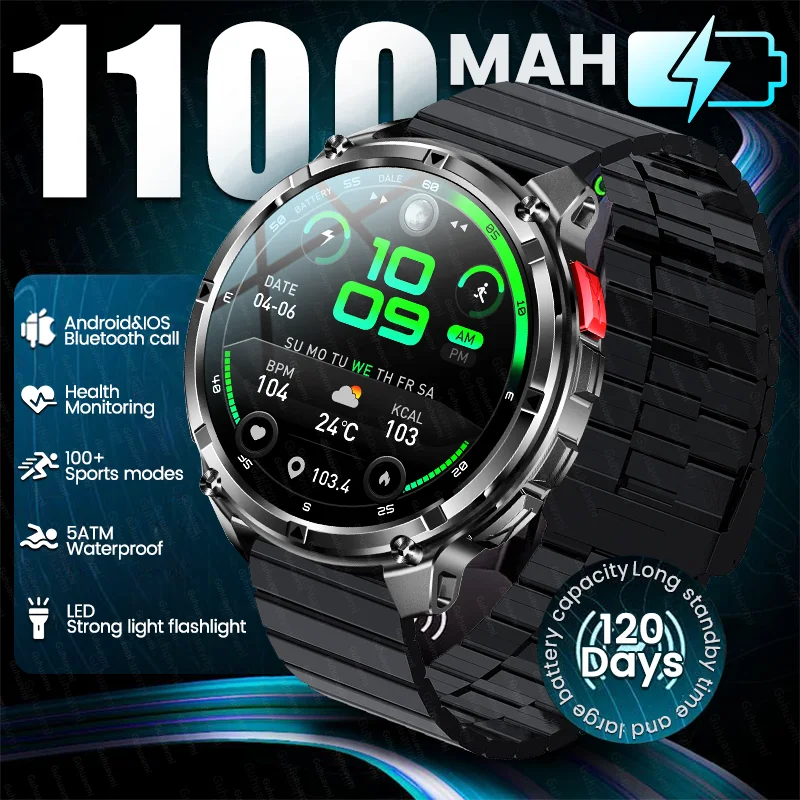 New 1100mAh Battery Outdoor Ultra Durable Men Smartwatch Flashlight Heart Rate Bluetooth Call 5ATM Waterproof Sports Smart Watch