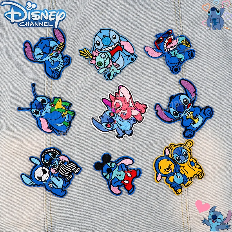 Disney Stitch Anime Blue Pink Baby Embroidery Cloth Patch Kids Diy Toy Patch Clothing Bag Animation Hot Melt Glue Back Material