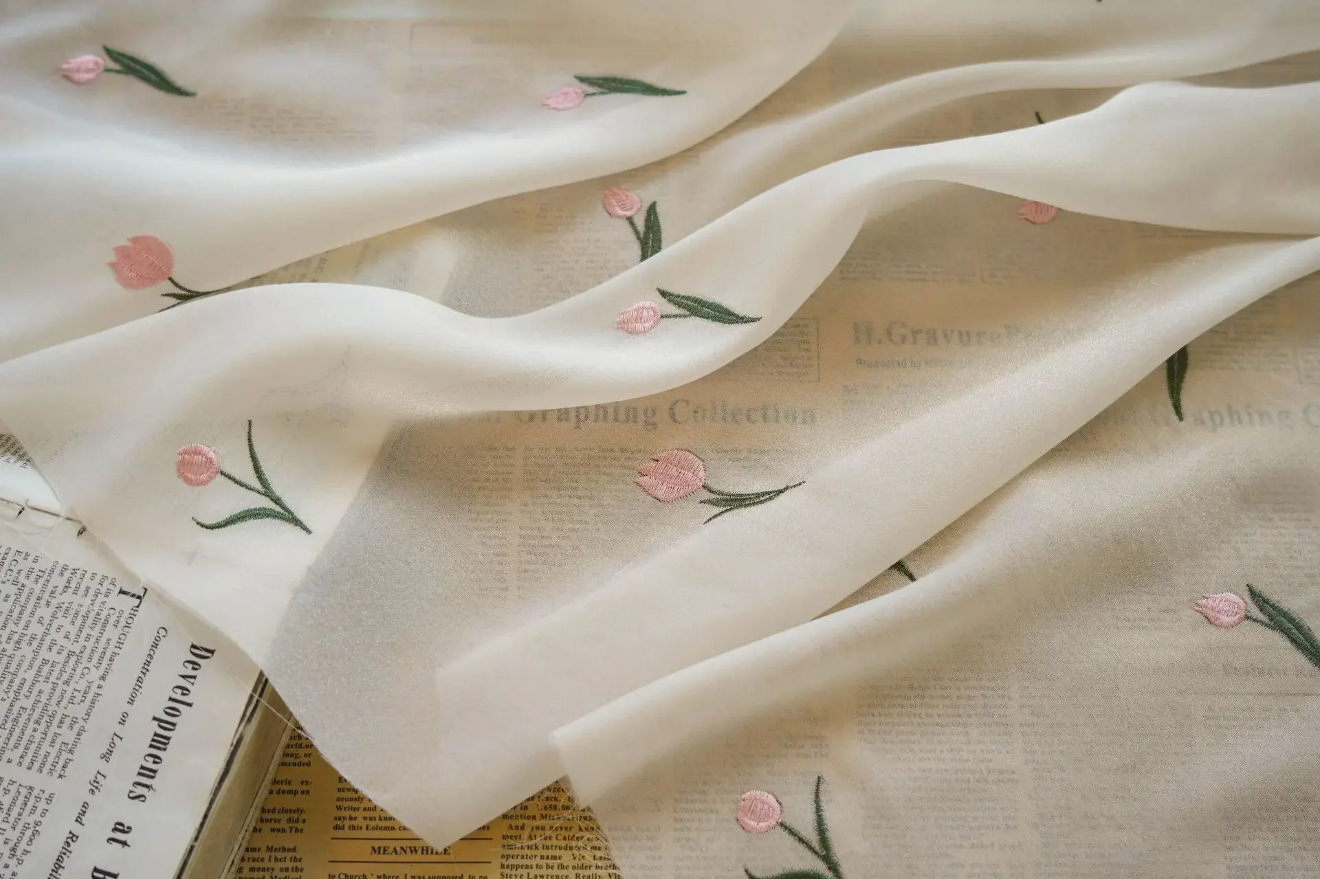 Exquisite Light Apricot Tulip Embroidery Chiffon Fabric for Elegant Dress Designer Fabric