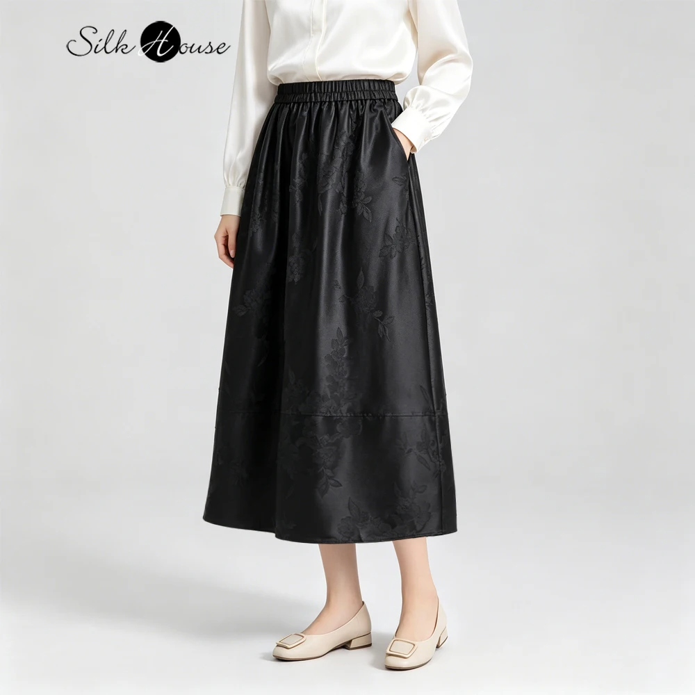 Women's Fashion Clothing Heavyweight 100% Natural Mulberry Silk Gambiered Guangdong Gauze Elastic Waist Loose Cocoon Skirt