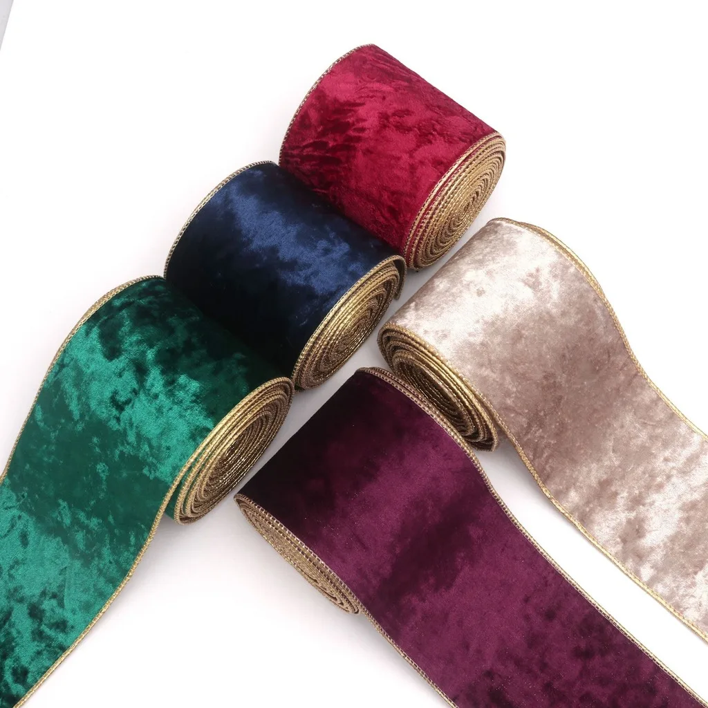 10Yards Roll Wired Edge Reversible Velvet Metallic Ribbon For Christmas Tree Decorations Bow Making New Year Gift Wrapping