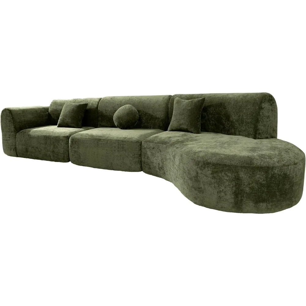 미드 센추리 모던 3피스 곡선형 섹셔널 소파 세트, 대형 치즈롱 포함, 고밀도 스펀지