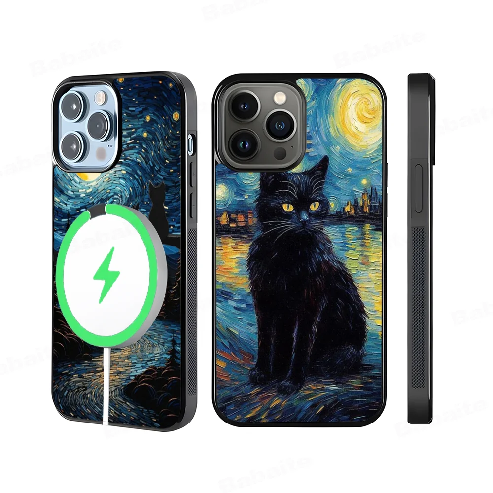 

Starry Sky Black Cat Phone Case Magnetic Case For IPhone 16 14 13 12 11 15 Pro Max Plus For Magsafe Wireless Charge Cover