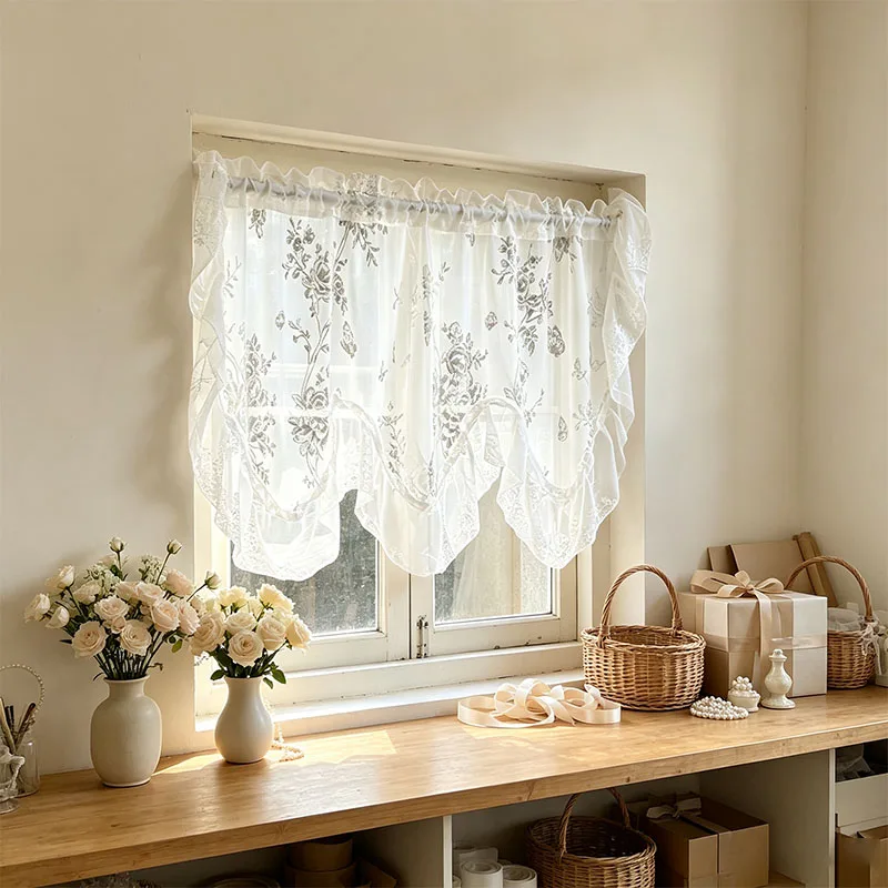 1pc French White Sheer Curtain with Butterfly Floral Embroidery, Wavy Lace Ruffle Edge Short Valance