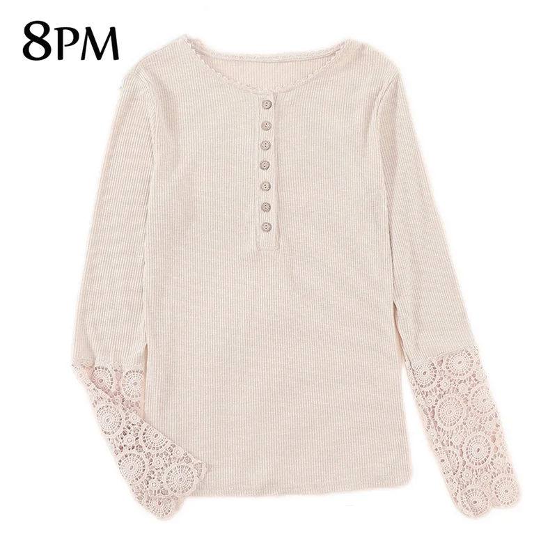 

Womens Knitted Tops Crochet Sweater Hollow-Out Sleeve Button Down Ribbed Knitted Pullover Lace V Neck Shirts Blouses Tops ouc128