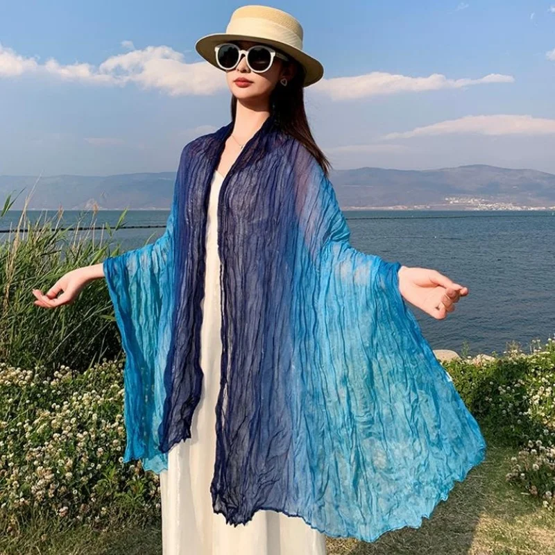 Retro Wrinkle Gradual Change Color Scarf Thin Gauze Women's Literary Travel Shading Shawl Desert Headscarf