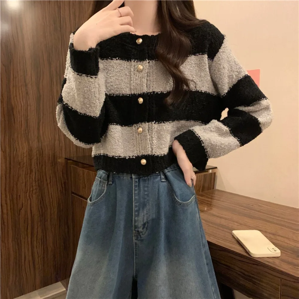 Милый вязаный топ в полоску Y2K, свободный вязаный крючком трикотаж с длинными рукавами, пальто, свитер, куртка, кардиганы, женский офис