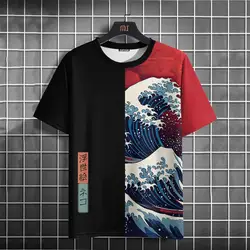 New Ukiyo-E Men's T-Shirt 3d Wave Print Short Sleeve T-Shirt Top Fashion Patchwork Man Clothes Retro Loose Oversized Tee For Men