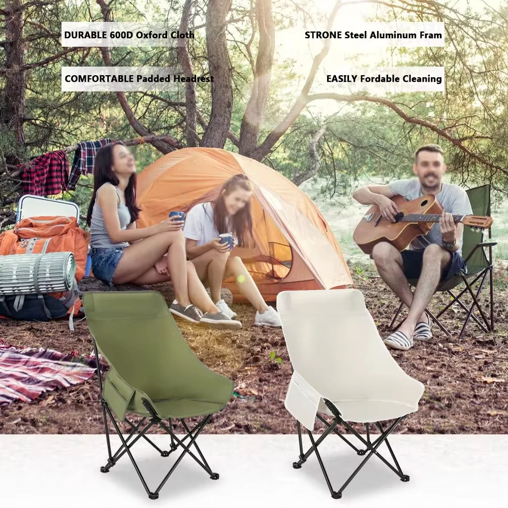 Folding Chairs Heavy Duty Moon Chair with Carry Bag, Outdoor Lumbar Back Padded with Side Pockets, Built Durable and Reliable