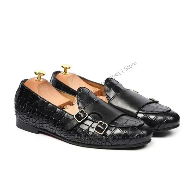 

Black Alligator Print Buckle Decor Double Monk Loafers Fashion Slip On Men Shoes Luxurious Handmade Party Office Men Dress Shoes