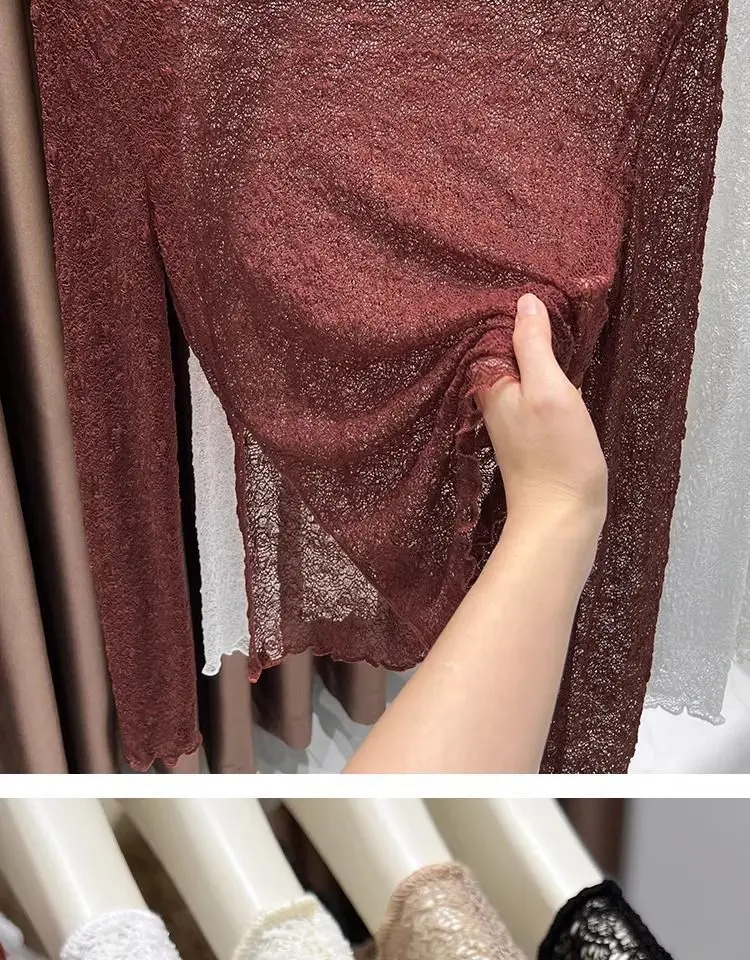 Damen-Oberteil mit Rundhalsausschnitt und Spitze, neues Herbst-/Winter-Modell, durchsichtiges Netzstoff-Langarmshirt, figurbetontes, elegantes und modisches Oberteil für den Innenbereich. – Detail 11