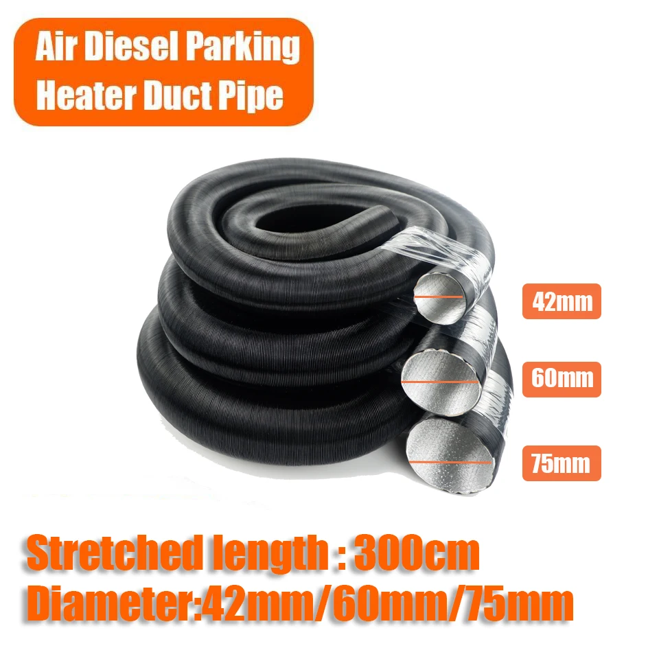 300cm Stretched Length Air Diesel Parking Heater Duct Ducting Pipe Hose Black For Car Camper Caravan Truck