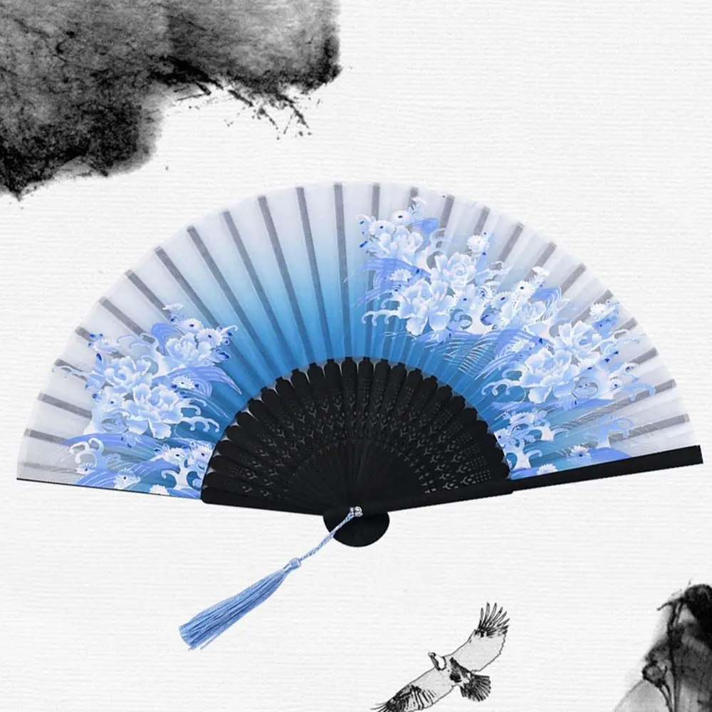 

Silk Chinese Japanese Folding Fan Bamboo Tassel Elegent Female Fan Vintage Style Folding Fan Hand Fan Colorful