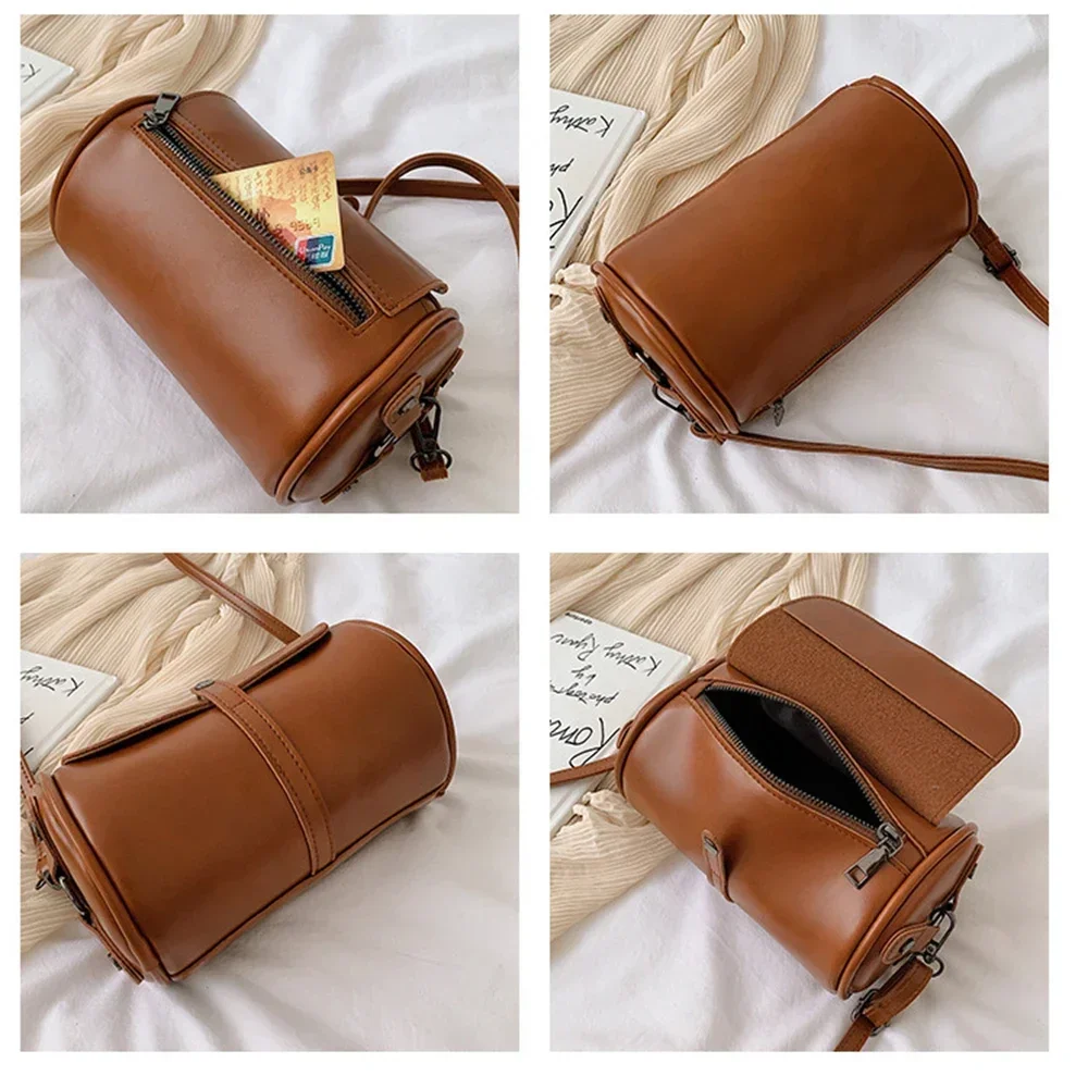 Single Shoulder Bag Fashionable Retro Large Capacity Cylindrical Bag PU Leather Single Shoulder Crossbody Bag