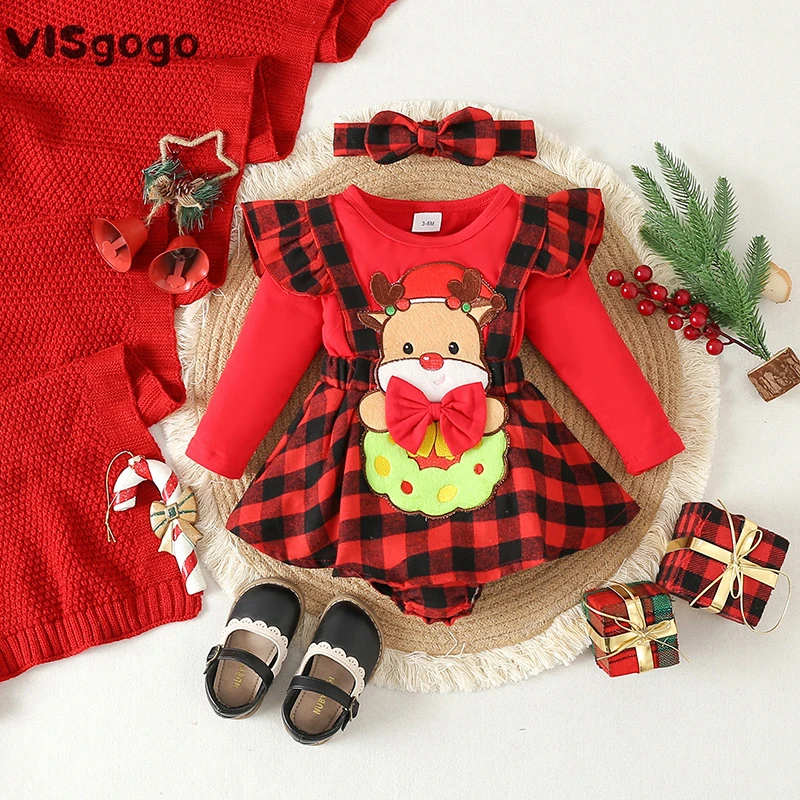 

VISgogo 2 Pcs Baby Girls Christmas Outfits Plaid Print Deer Ruffle Sleeve Romper Dress Bow Headband Set for Infant Xmas Clothes