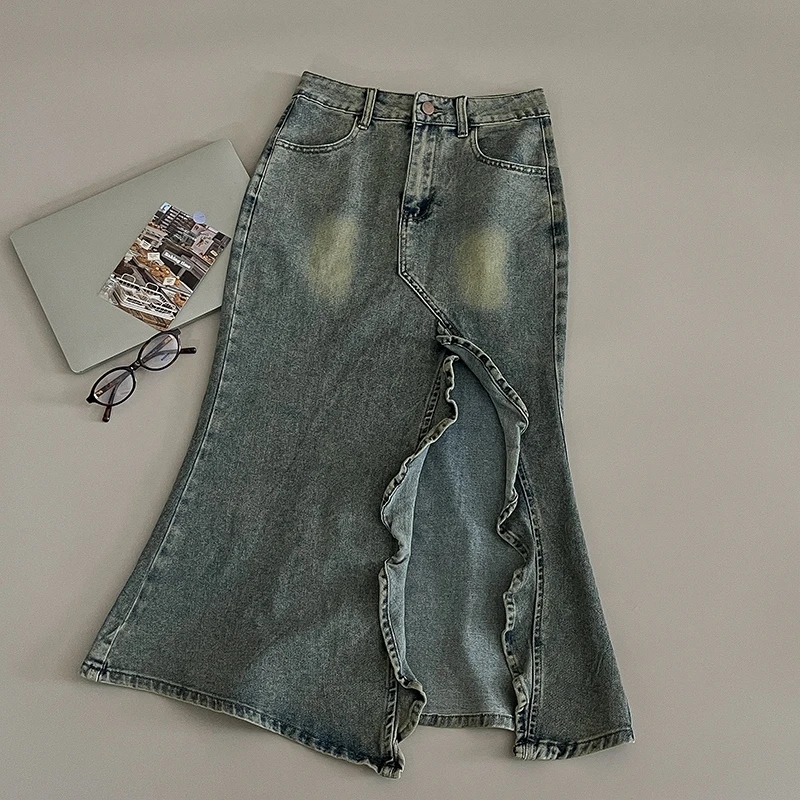 

Джинсовая полуюбка с рюшами в стиле ретро, летние женские утягивающие юбки-русалки с высокой талией, корейские шикарные универсальные средние юбки