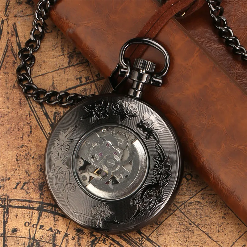 Relógio de bolso mecânico Steampunk esqueleto masculino, relógio automático com corrente Fob, relógio retro, numeral romano