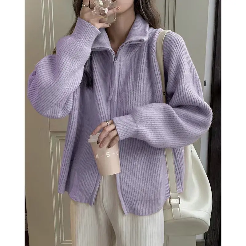 Korean Fashion Autumn/Winter Sweaters Coat New Women\'s Lapel Solid Chain Screw Thread Zipper Long Sleeve Knitted Cardigan Tops