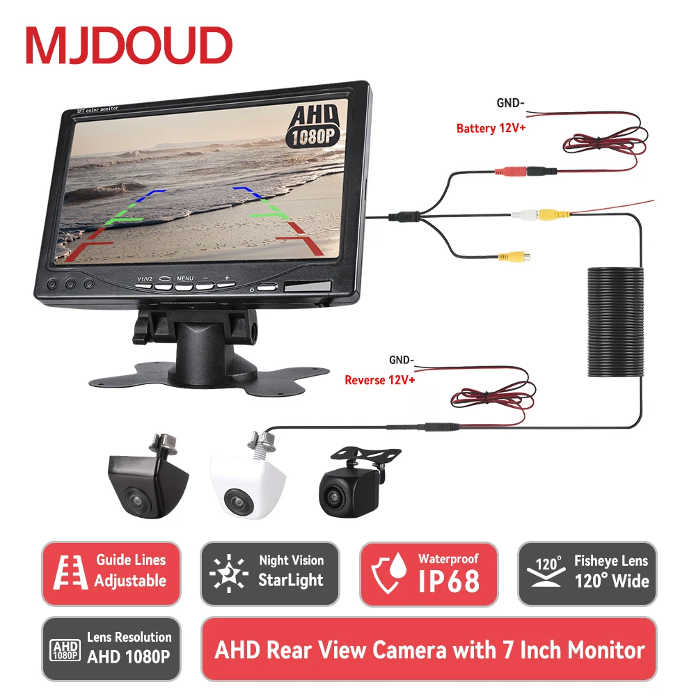 

MJDOUD AHD 1080P Автомобильная камера заднего вида с 7-дюймовым монитором для парковки транспортных средств 1024*600 Экран заднего вида Резервная камера ночного видения