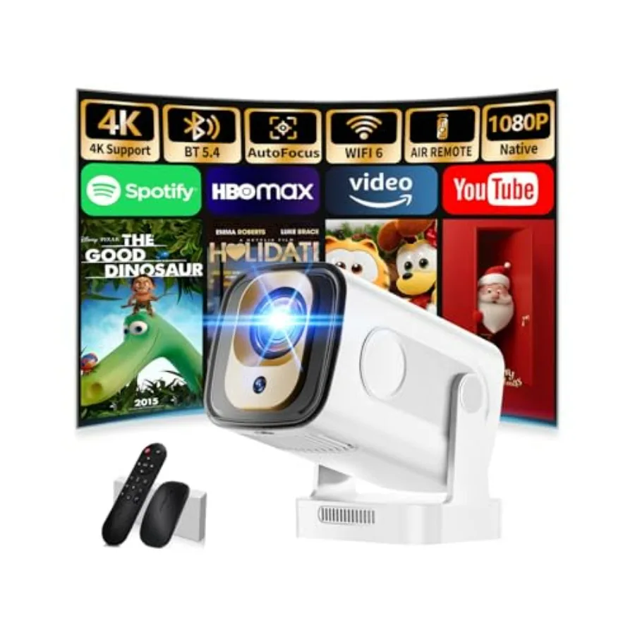 

Мини-портативный проектор 1080P 4K Full HD с Wi-Fi 6, Bluetooth 5.4, автофокусом, коррекцией трапецеидальных искажений, поворотом на 270°, белый, со встроенными приложениями