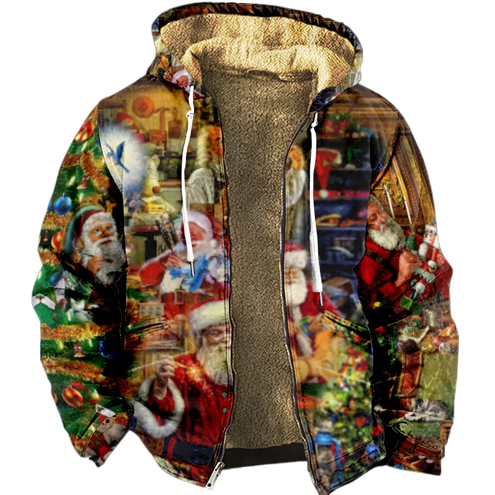 Men's Zipper Hoodies Christmas Santa Claus Winter Clothing Long Sleeve Sweatshirt Casual Hooded Jacket Outerwear