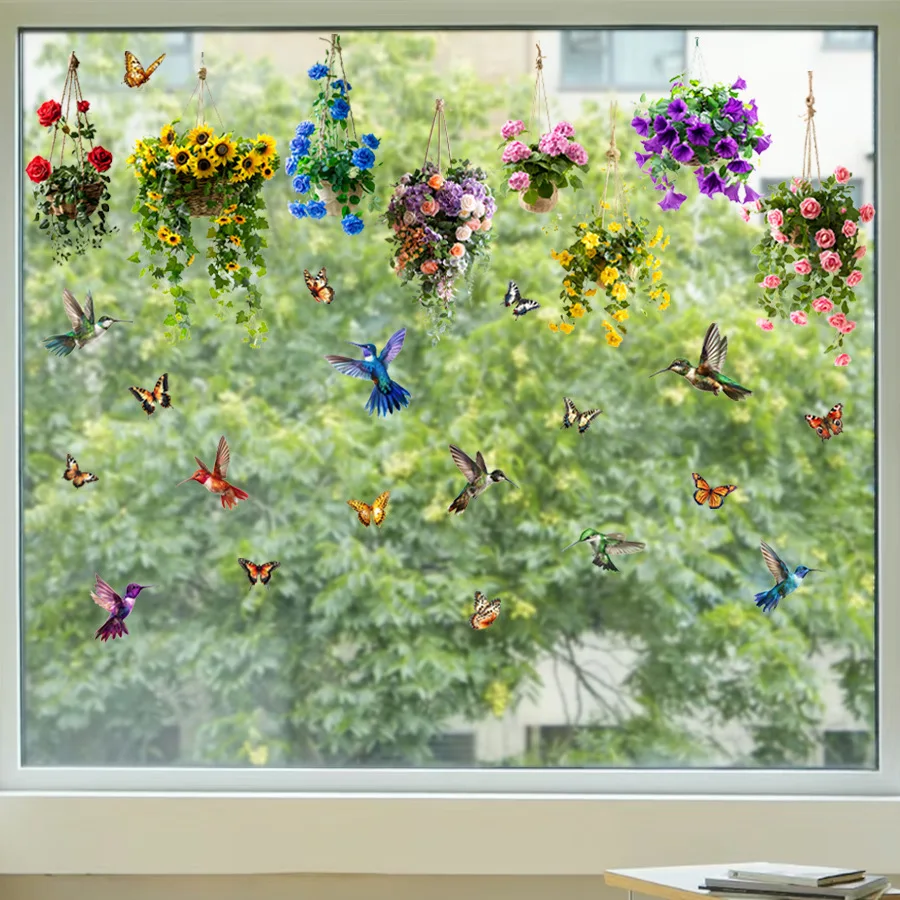 Electrostatic Stickers for Sunflower Flower Basket Butterfly Magpie on the Glass Wall Door Window Home Decoration Beautify Rooms