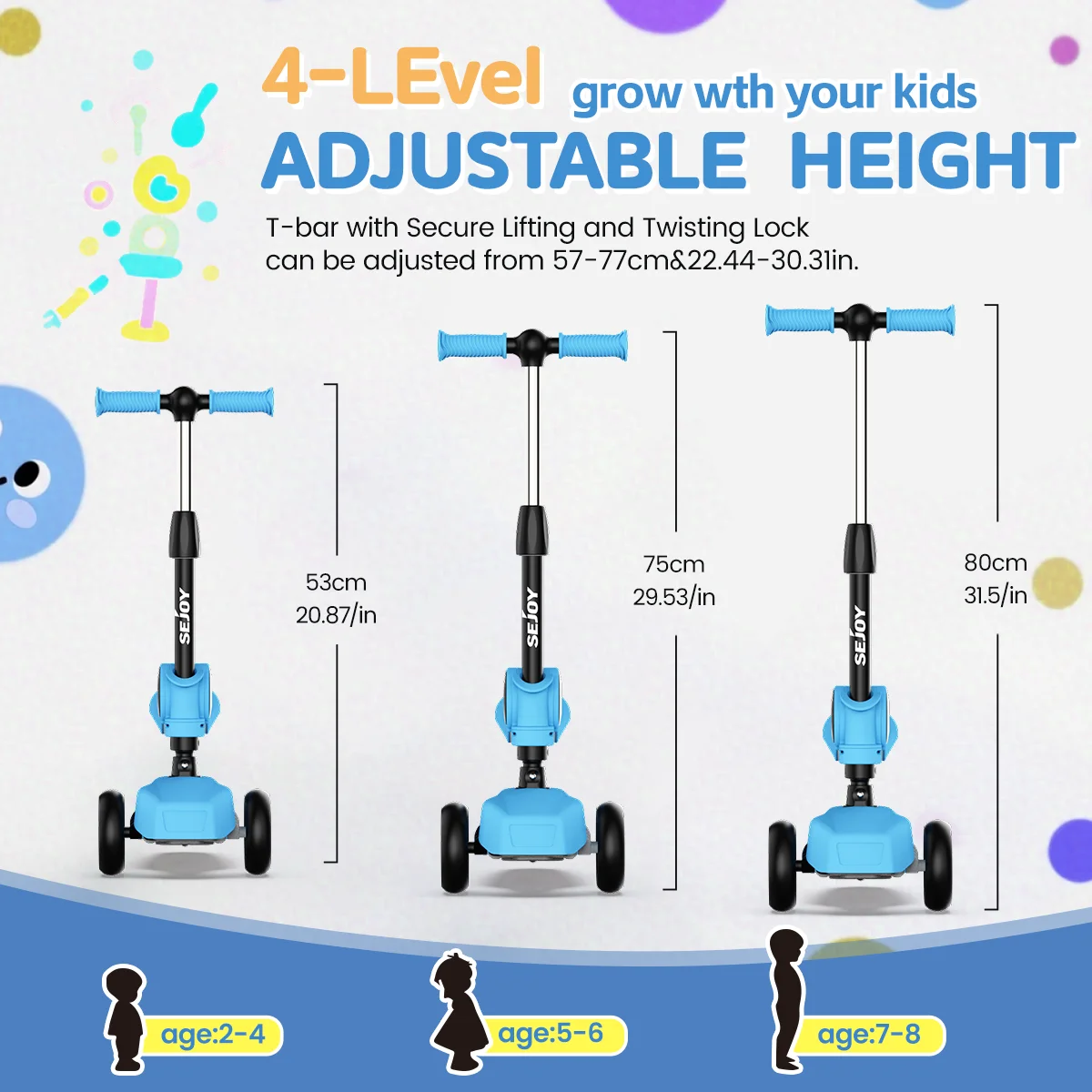 Kick Scooter for Kids with 3-Wheeled LED Lights,Adjustable Lean-to-Steer Handlebar,Foldable Seat,Sit or Stand Ride,for 3-8 Years