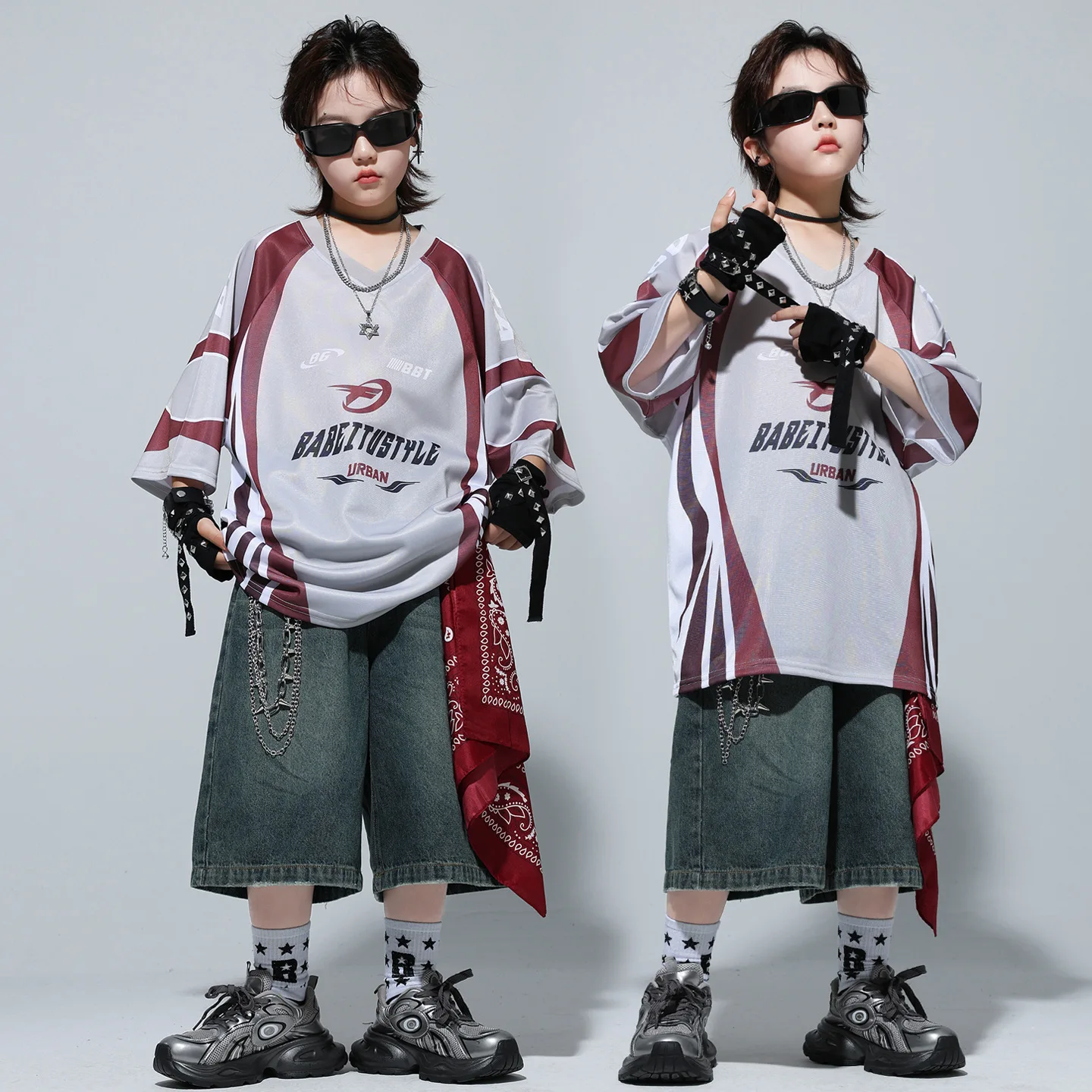 

Kid Kpop Hip Hop Clothing Gray Red Jersey T Shirt Vintage Casual Denim Wide Jeans Shorts for Girl Boy Jazz Dance Costume Clothes