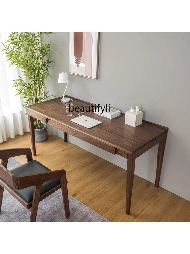 North America Black Walnut Wooden Solid Wood Minimalist Nordic and Japanese Style Study Desk Computer Desk Writing Desk