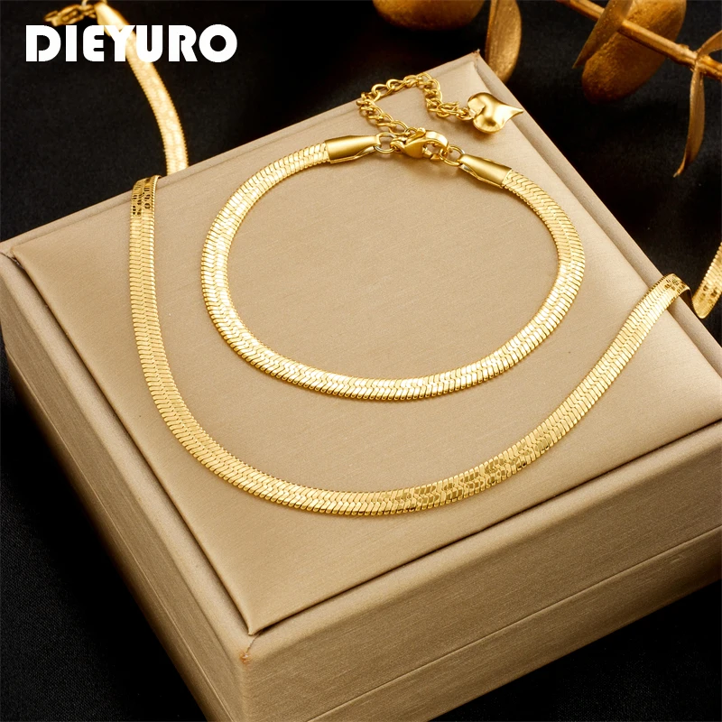 DIEYURO 316L Stainless Steel Gold Color Snake Chain Necklace Bracelets For Women Girl New Waterproof Jewelry Set Wedding Gift