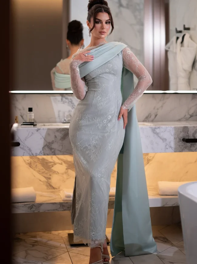 Customized High Quality Strapless Full Sleeves Ankle Length Wrinkle Blue A-line Zipper Tulle and Stain Evening Dresses Vestido