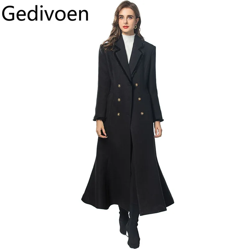 Gedivoen Autumn/Winter Designer Coat Women Notched Double breasted Long-Sleeved Black Slim Fit S-3XL Long Overcoat