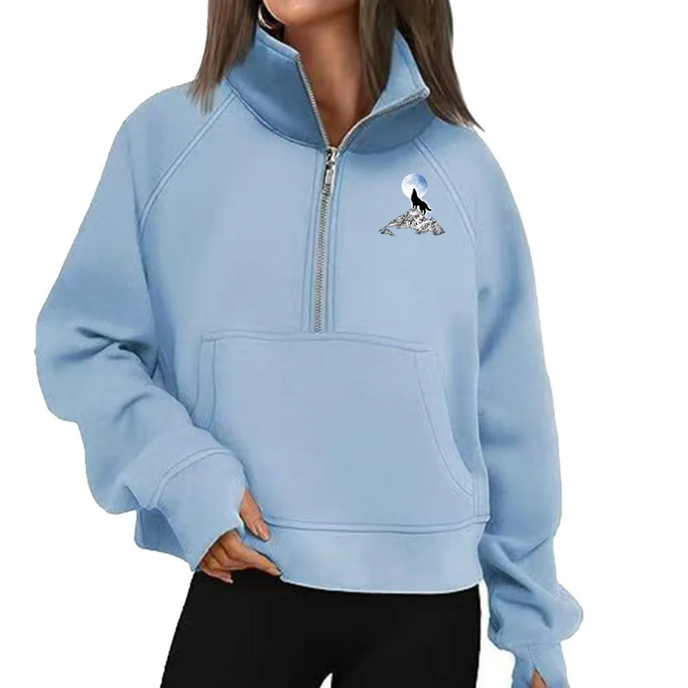 Full Moon Howl Wolf Car Half Zip Sweatshirt Stand Collar Casual Yoga Women's Cropped Pullover Thumb Hole Sportswear Oversized