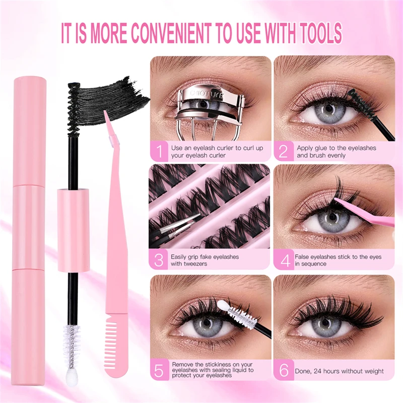 Extensiones de pestañas hechas a mano de 90 grupos, longitudes mixtas, fácil recogida, Material de extensión de pestañas duradero con kit de herramientas