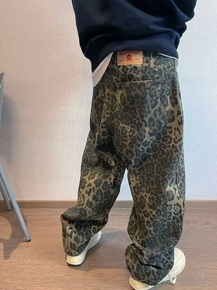Fashion Baggy Jeans Men's Oversize Leopard Print Wide Leg Denim Pants Hip Hop Dance Streetwear Autumn New Trousers