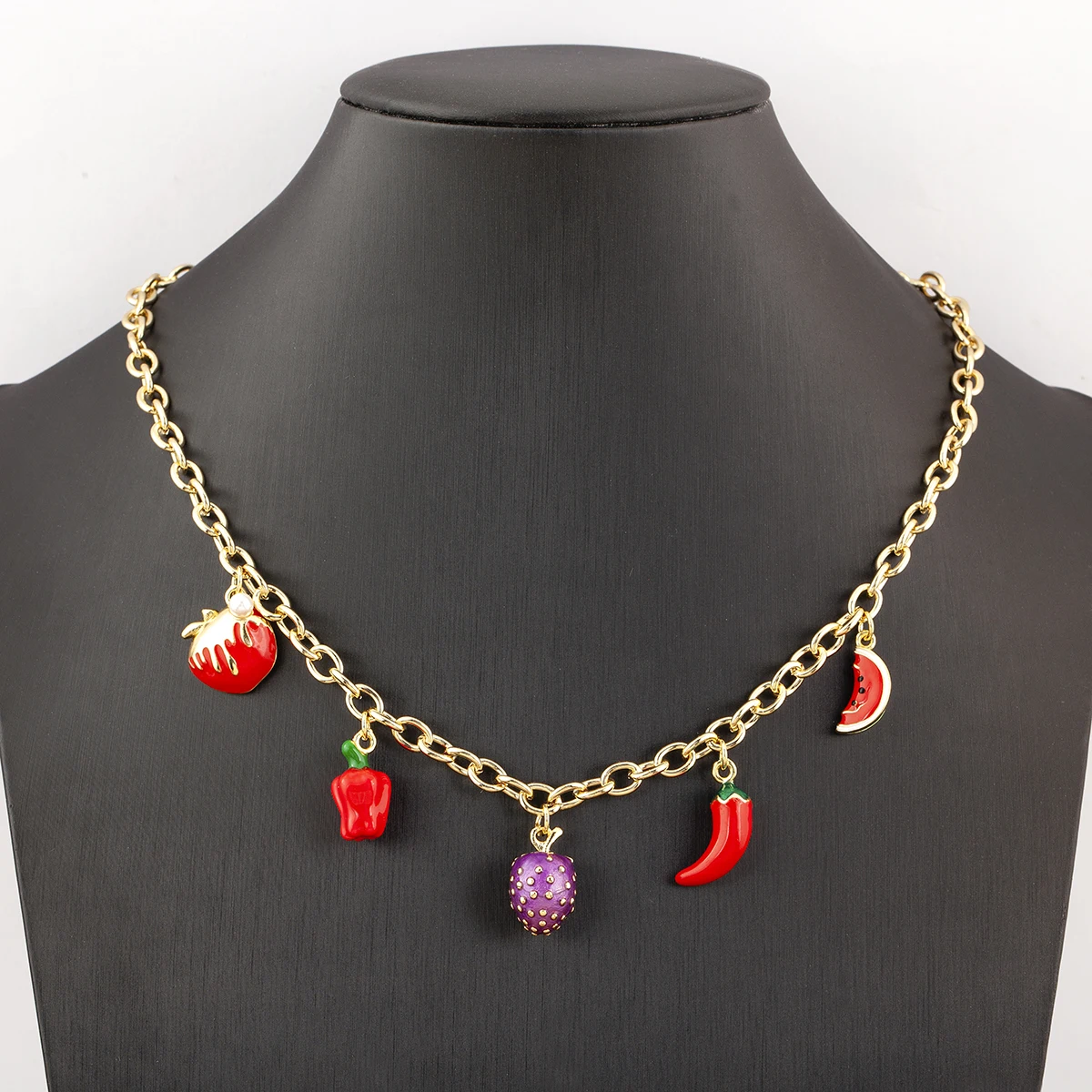 Nidin-collar con colgante de fruta y aceite de goteo esmaltado para mujer, cadena de eslabones de manzana/sandía/Chili, joyería, regalos de cumpleaños para niñas